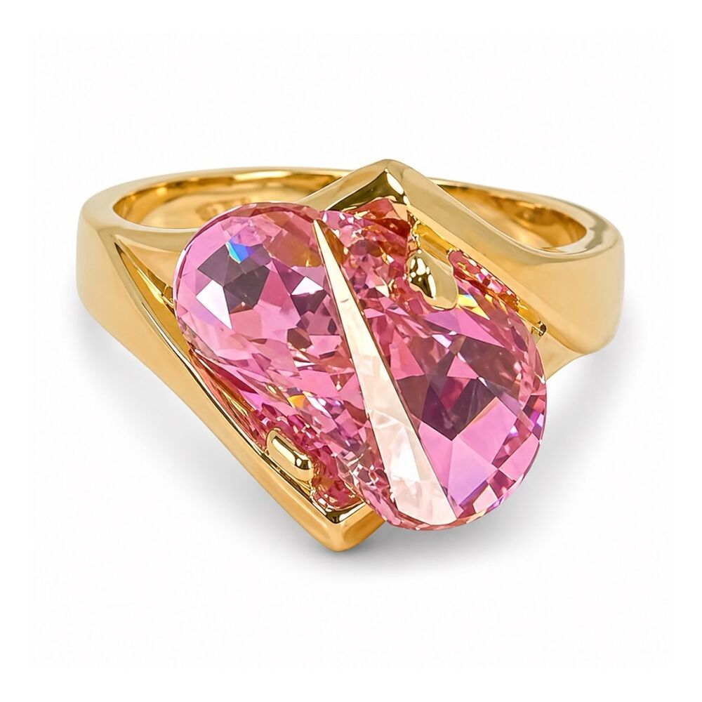 Vintage 1970s Ring Size 6 Lens Cut Pink CZ Modernist 14K Gold Plate - 14J
